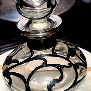Vintage Sterling Silver Overlay Art Glass Bottle with Stopper 3" x 2 1/4"  #29